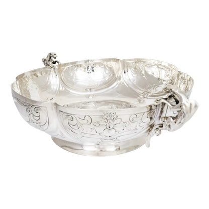 Georgian sterling silver lobed embossed fruit bowl with flying dog handles