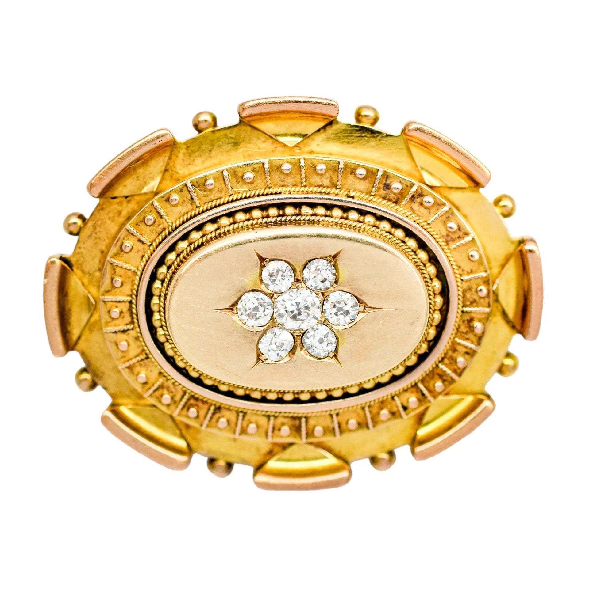 Victorian Etruscan Revival 15ct gold locket brooch, 0.6ct Old-cut diamonds, 13.22g