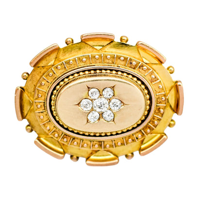 Victorian Etruscan Revival 15ct gold locket brooch, 0.6ct Old-cut diamonds, 13.22g