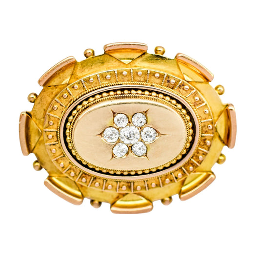 Victorian Etruscan Revival 15ct gold locket brooch, 0.6ct Old-cut diamonds, 13.22g