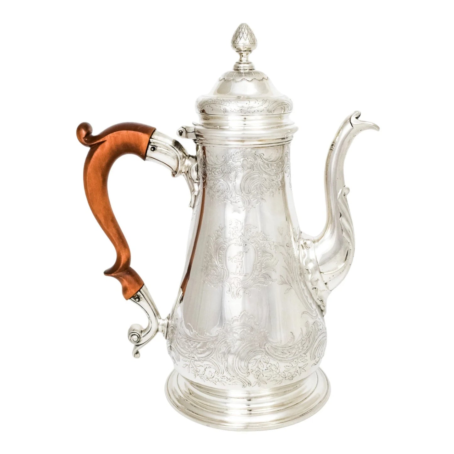 1740s George II Rococo sterling silver coffee pot with armorials and fruitwood handle