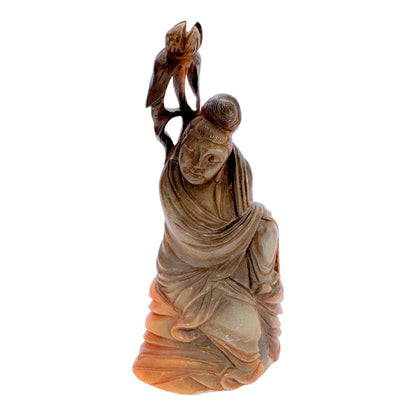 Antique Chinese pair of Immortals / Deities carved in buffalo horn, holding a staff and a lotus flower