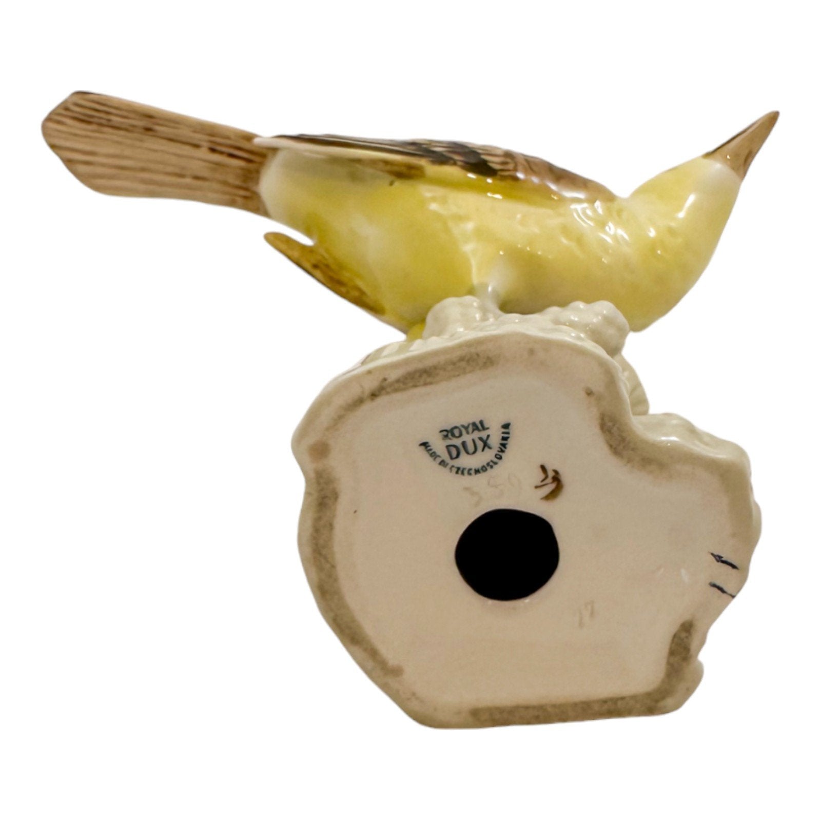 Vintage Czech Royal Dux porcelain yellow bird perched on branch figurine