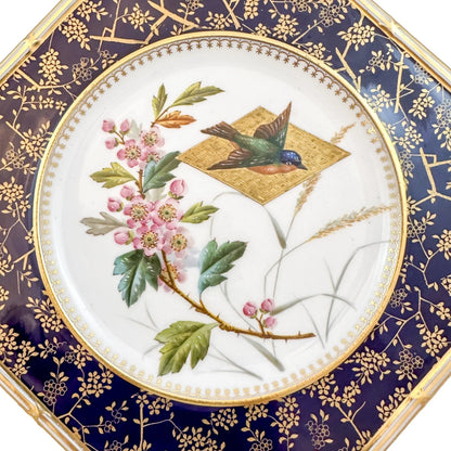 Aesthetic Movement octagonal Wedgwood porcelain plate, gilt floral and bird design