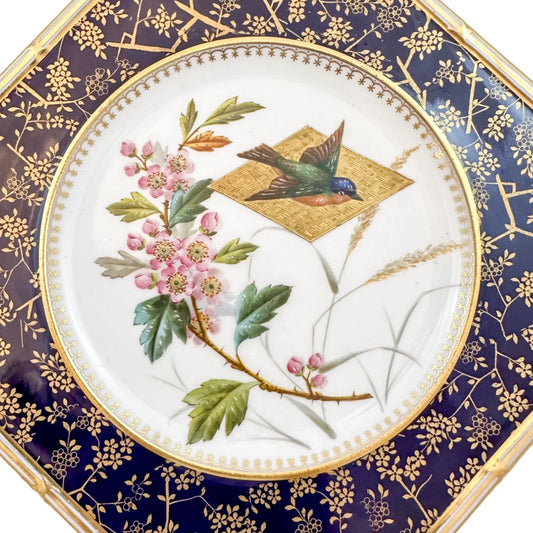 Aesthetic Movement octagonal Wedgwood porcelain plate, gilt floral and bird design