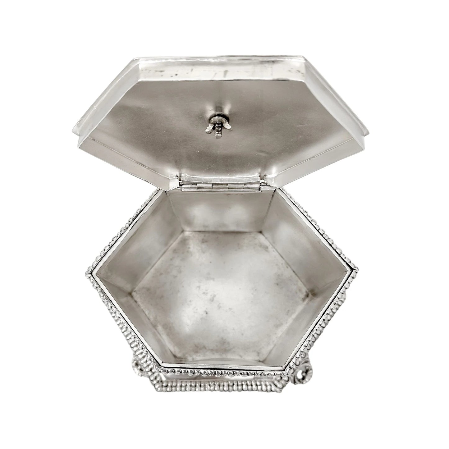 Victorian Neoclassical 6-sided silver-plated biscuit barrel on cast feet with egg-and-dart trim