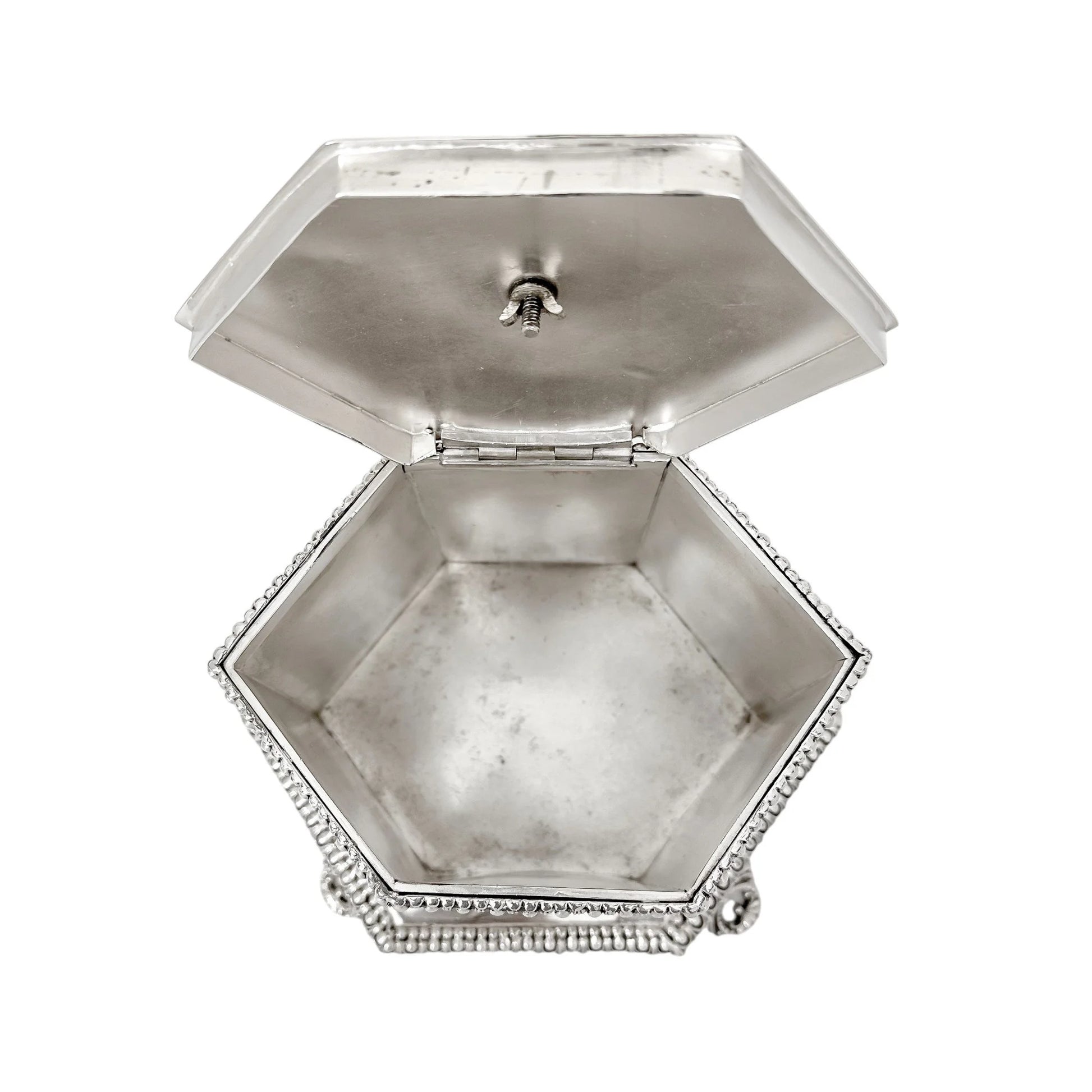 Victorian Neoclassical 6-sided silver-plated biscuit barrel on cast feet with egg-and-dart trim
