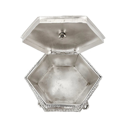 Victorian Neoclassical 6-sided silver-plated biscuit barrel on cast feet with egg-and-dart trim