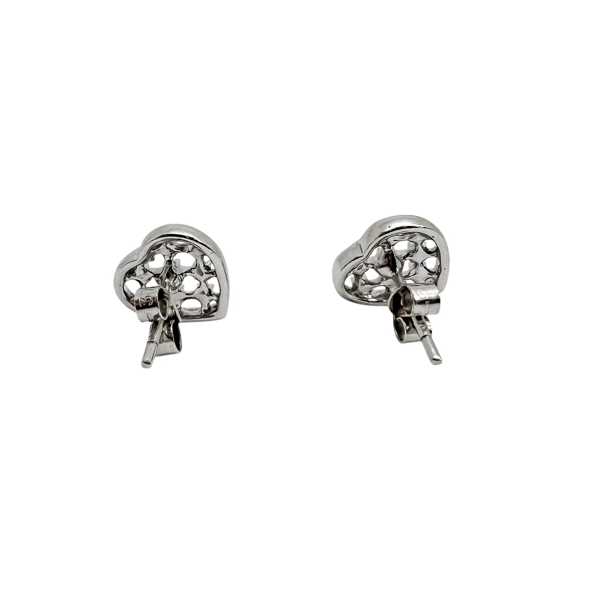 Vintage 9ct white gold openwork heart stud earrings with beaded design