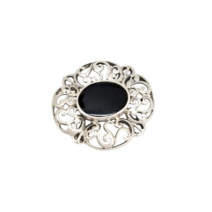 Art Deco sterling silver onyx openwork scrolling brooch