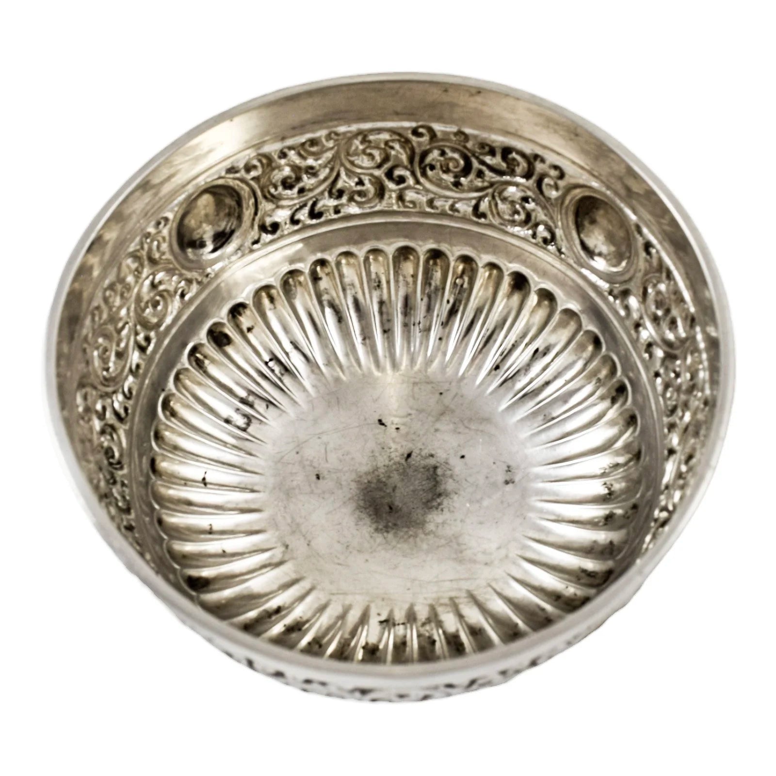 Victorian large sterling silver sugar /candy bowl embossed with scrolls, Walker & Hall