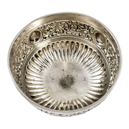 Victorian large sterling silver sugar /candy bowl embossed with scrolls, Walker & Hall