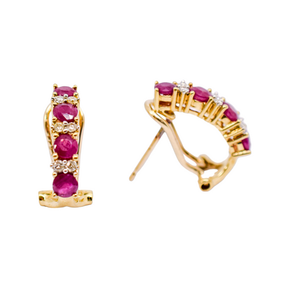 Retro 1980's 9ct yellow gold ruby and brilliant cut diamonds huggie stud earrings