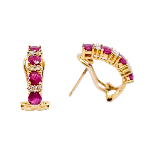 Retro 1980's 9ct yellow gold ruby and brilliant cut diamonds huggie stud earrings