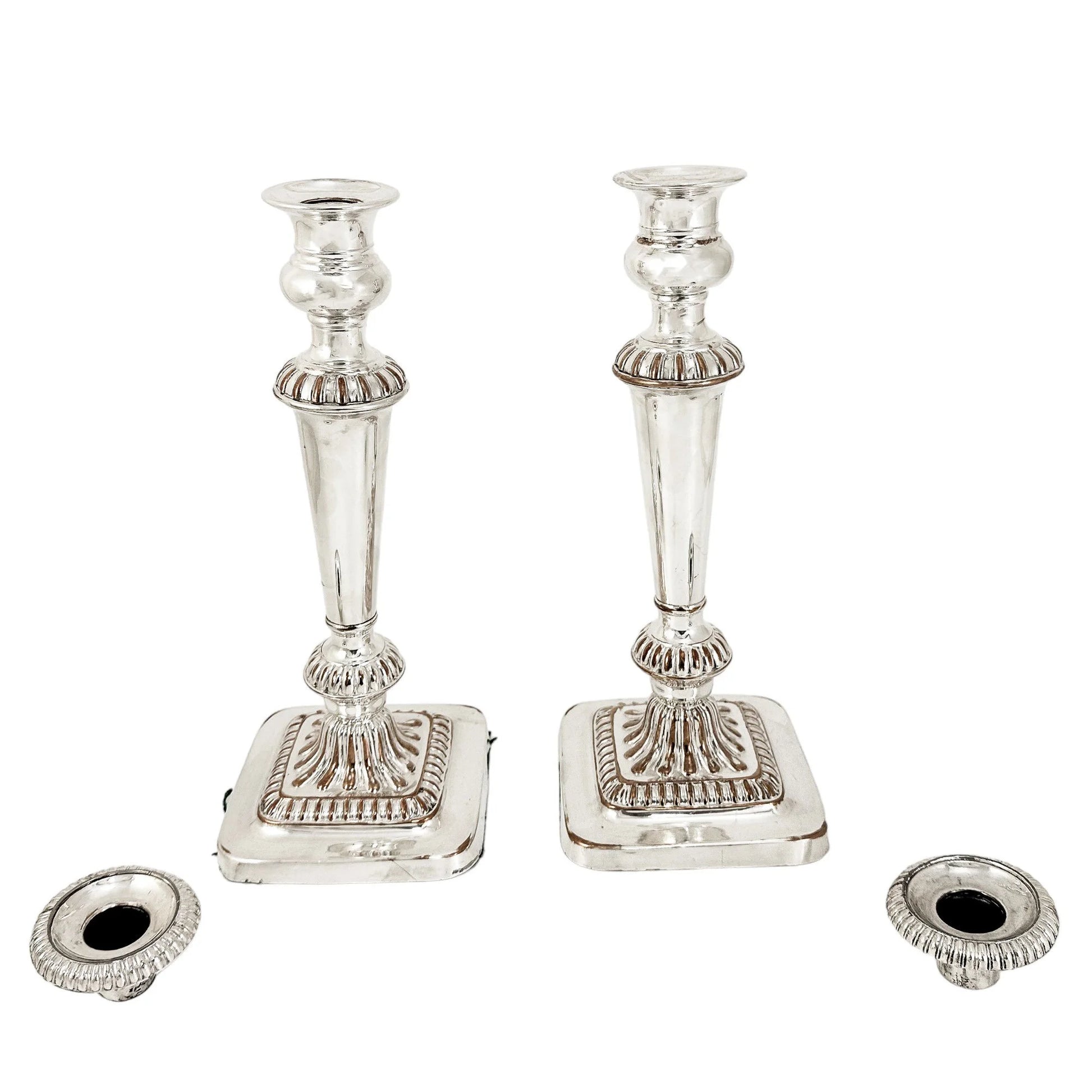 George III Old Sheffield plate pair of large candlesticks on square bases