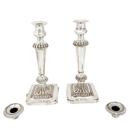George III Old Sheffield plate pair of large candlesticks on square bases