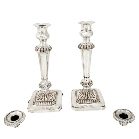 George III Old Sheffield plate pair of large candlesticks on square bases