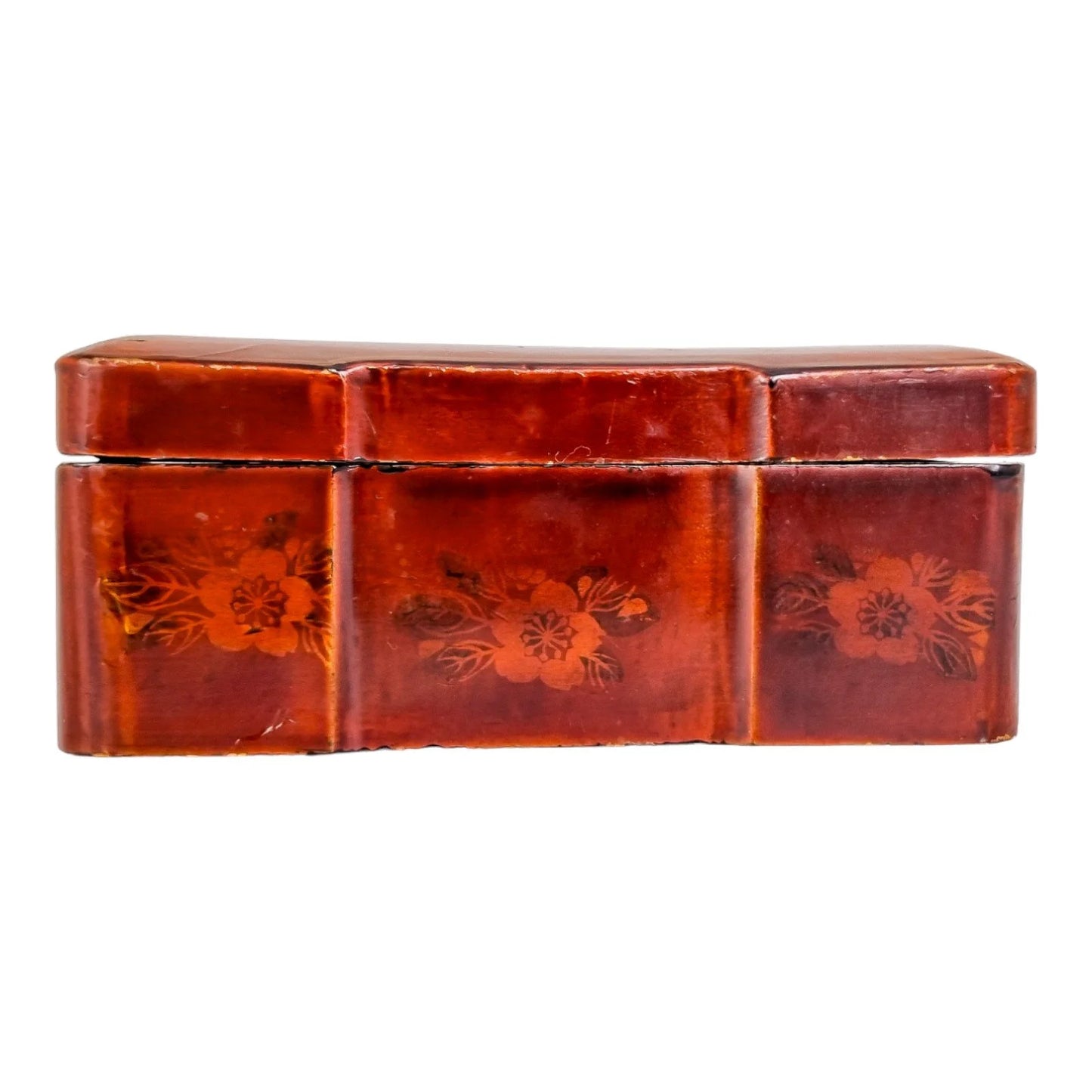 Meiji era Japanese large red lacquerware box maki-e gilded with cranes / storks
