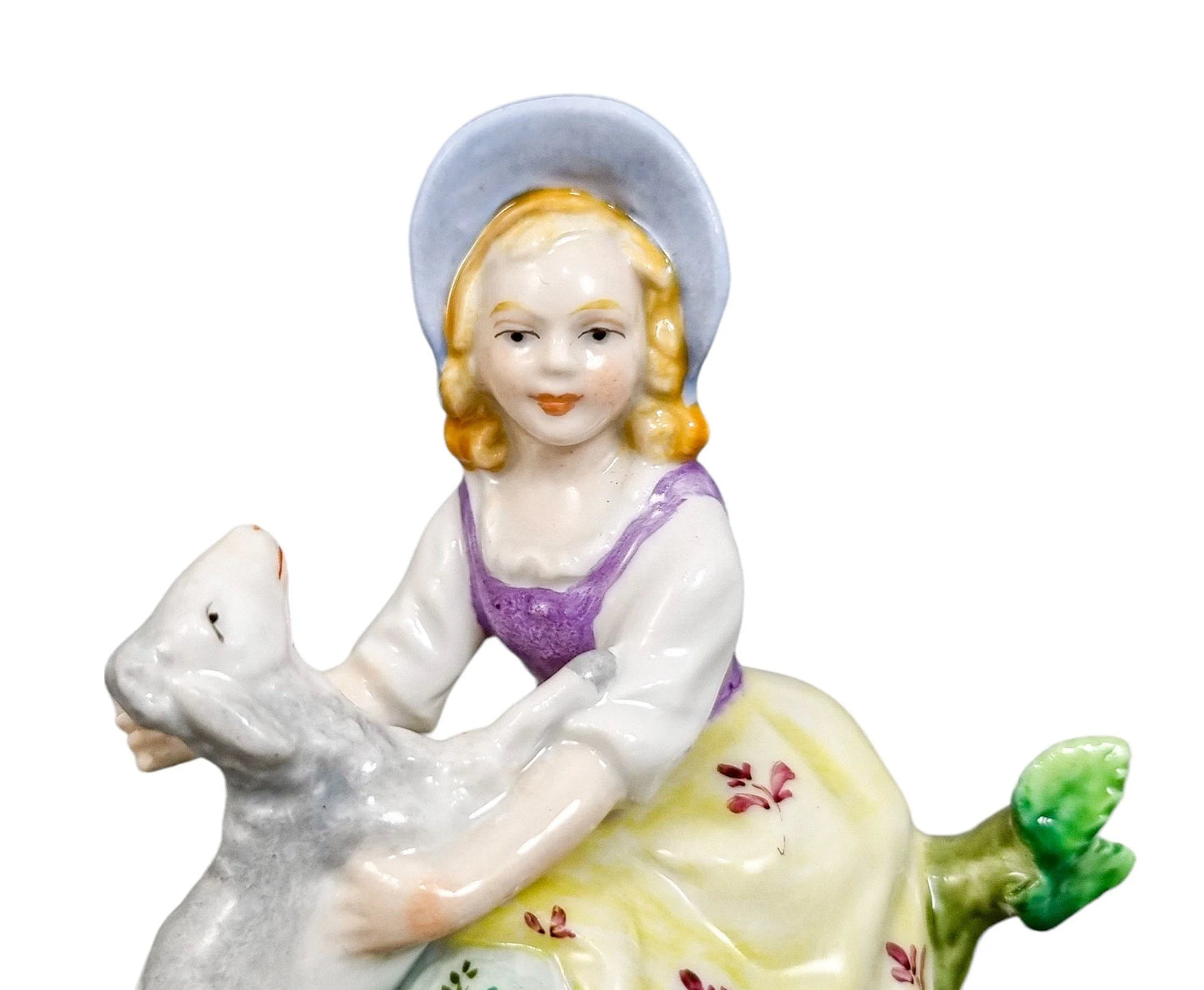 Miniature Sitzendorf porcelain boy and girl shepherds with sheep figurines