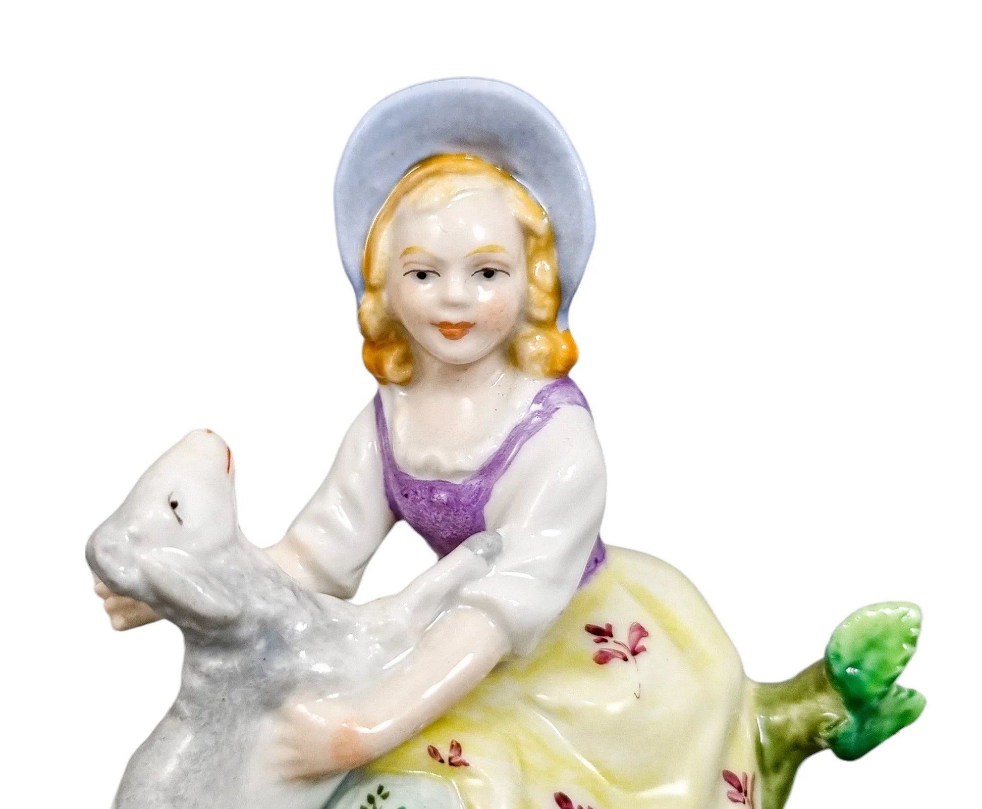 Miniature Sitzendorf porcelain boy and girl shepherds with sheep figurines