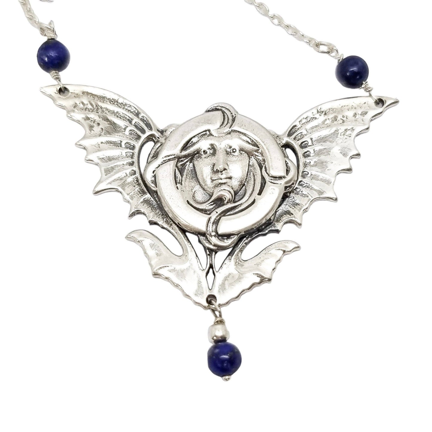 Art Nouveau sterling silver maiden’s face winged pendant necklace, lapis lazuli beads