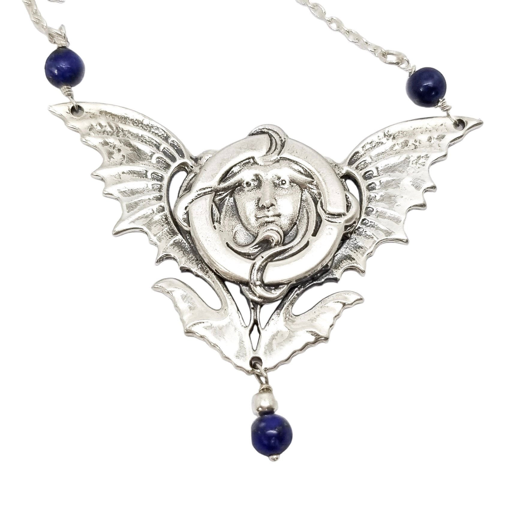 Art Nouveau sterling silver maiden’s face winged pendant necklace, lapis lazuli beads