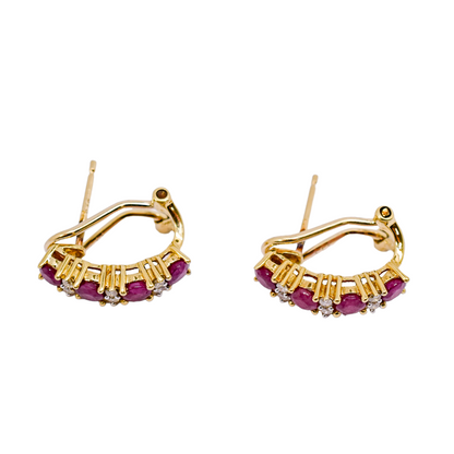 Retro 1980's 9ct yellow gold ruby and brilliant cut diamonds huggie stud earrings