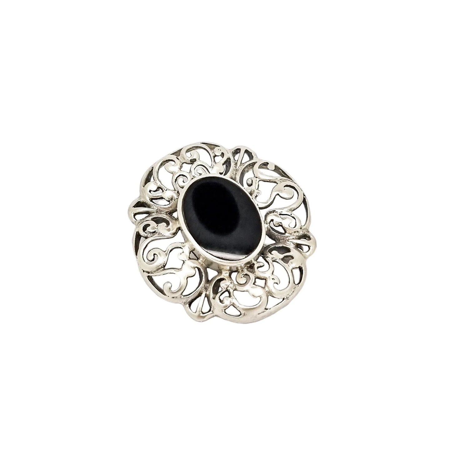 Art Deco sterling silver onyx openwork scrolling brooch