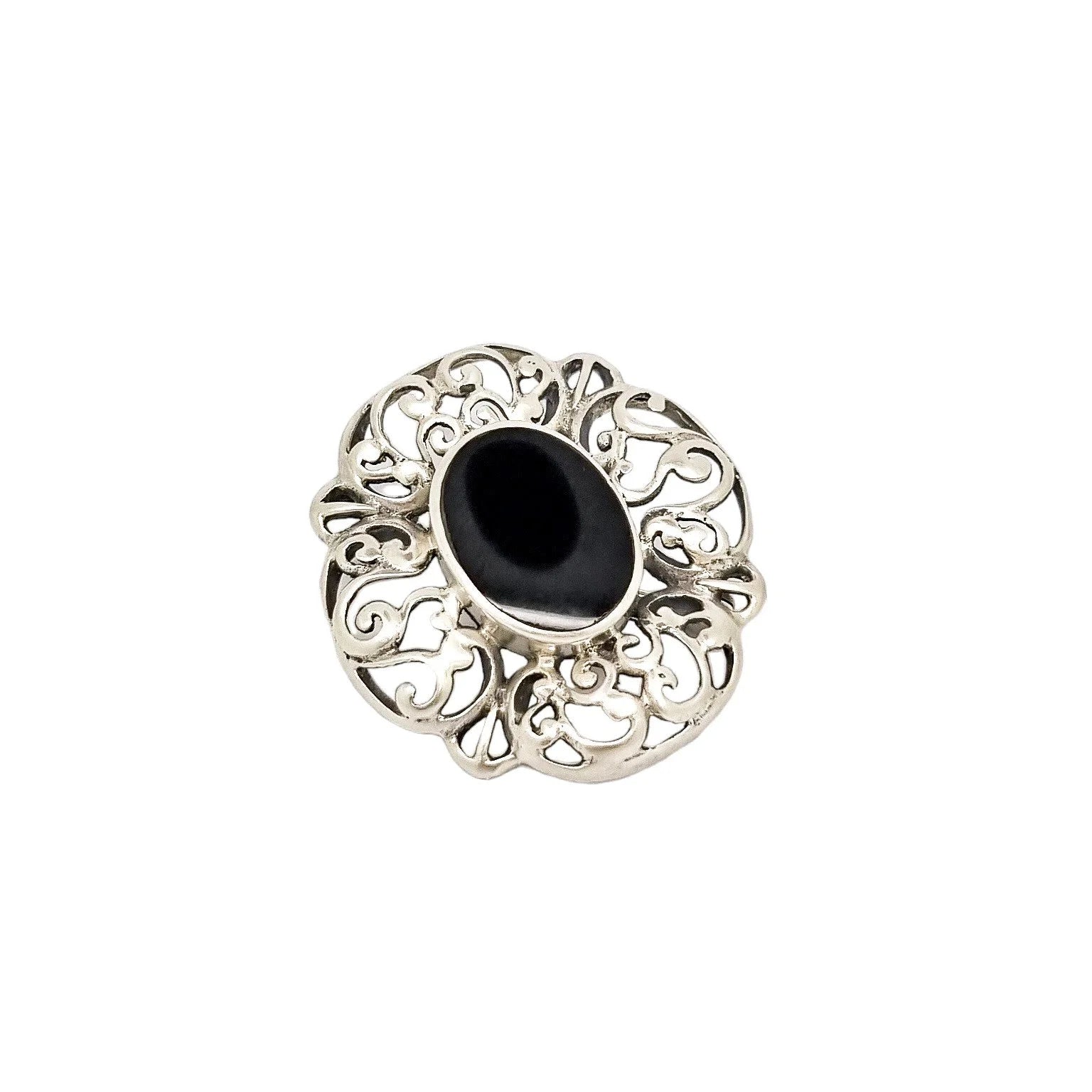 Art Deco sterling silver onyx openwork scrolling brooch