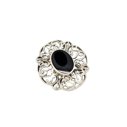 Art Deco sterling silver onyx openwork scrolling brooch