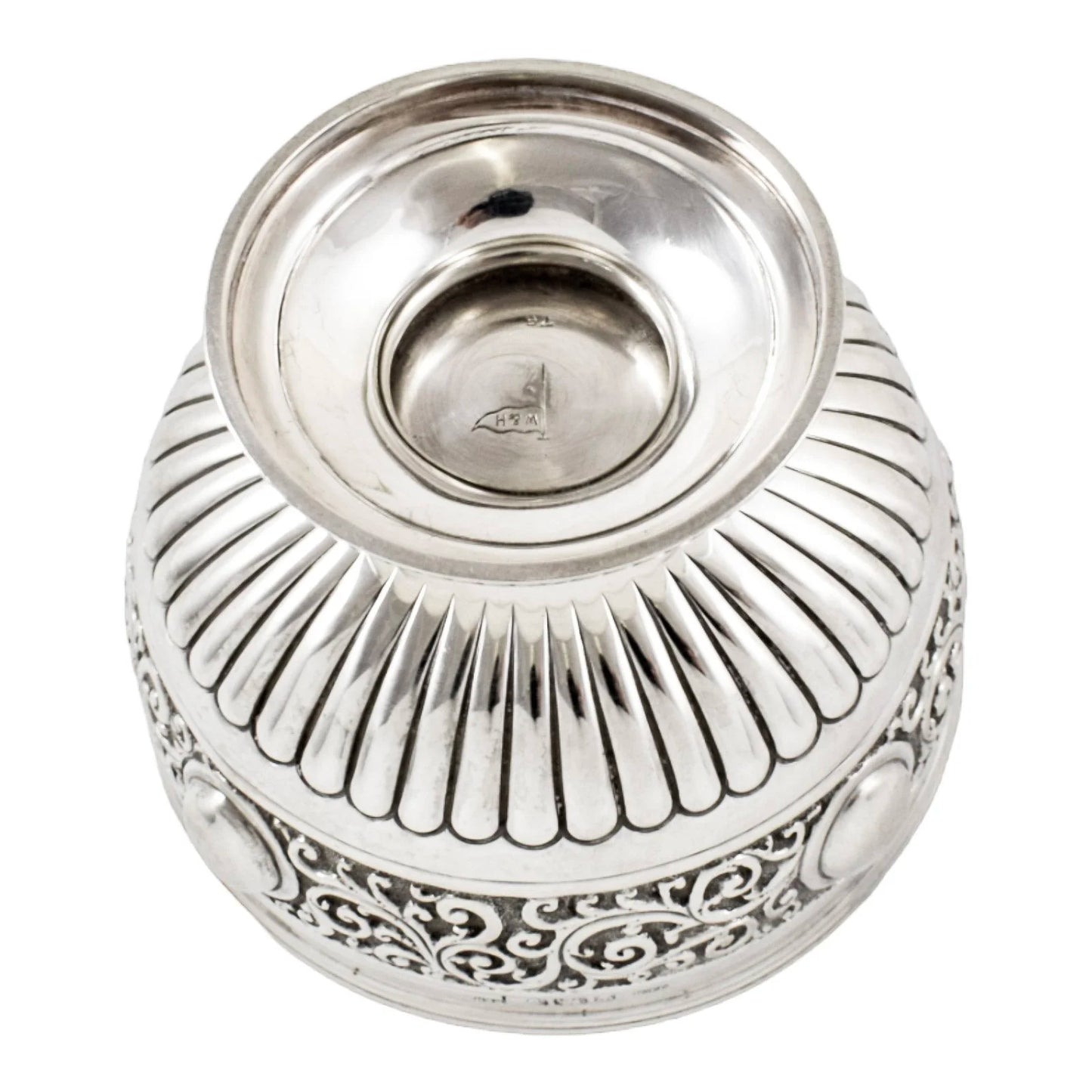 Victorian large sterling silver sugar /candy bowl embossed with scrolls, Walker & Hall