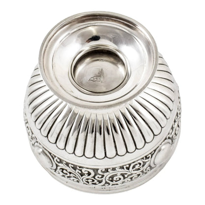 Victorian large sterling silver sugar /candy bowl embossed with scrolls, Walker & Hall