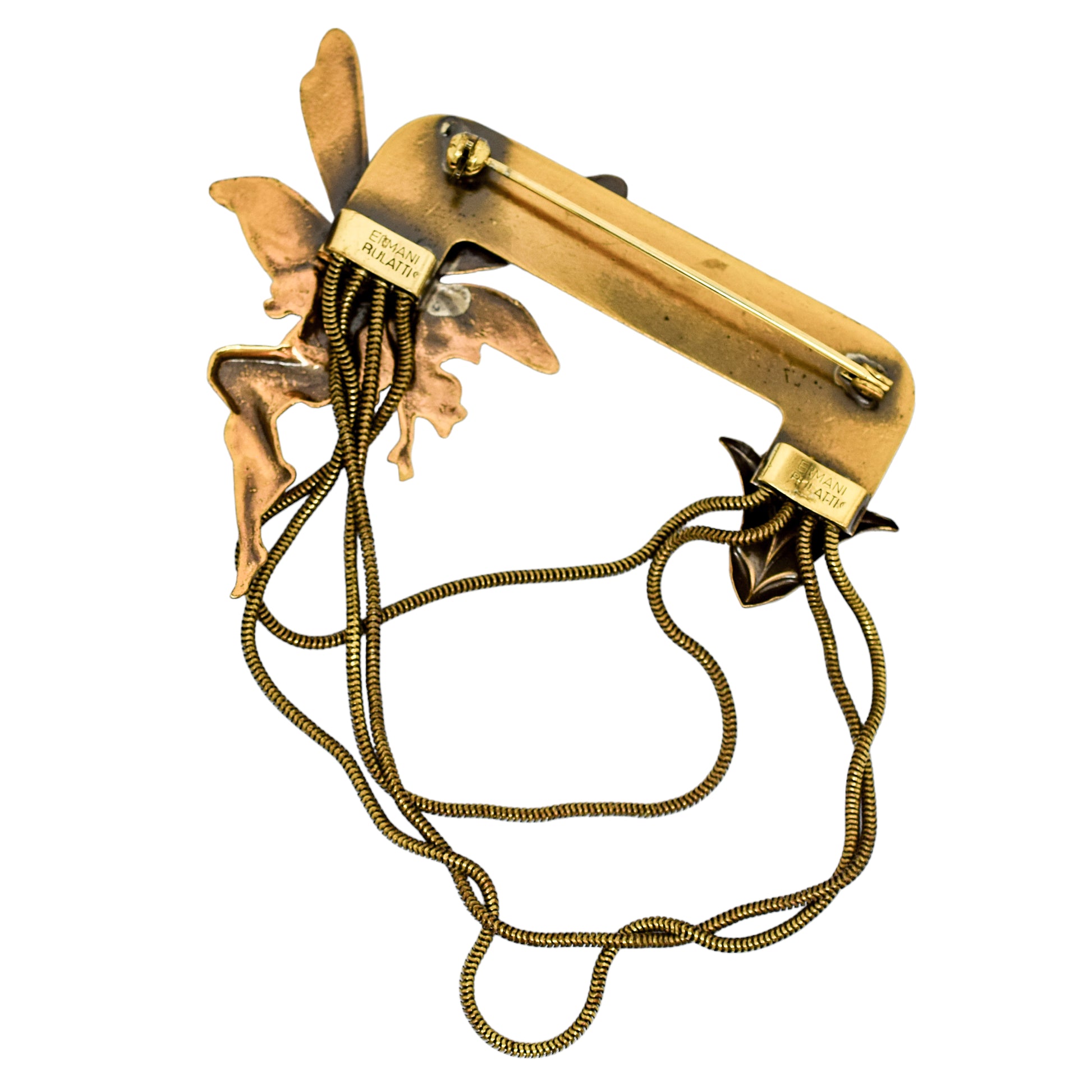Vintage Ermani Bulatti goldtone Art Nouveau fairy dangling statement brooch