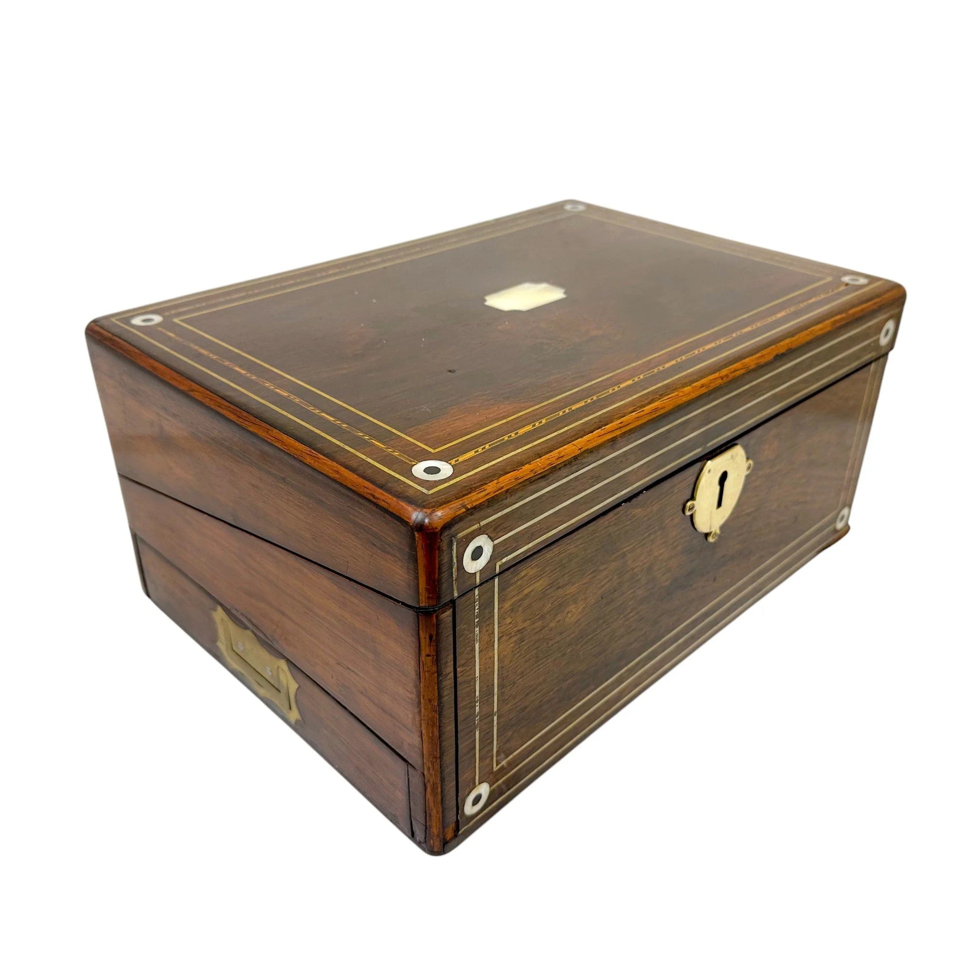 Large rosewood Victorian writing box with mother of pearl cartouche and secret pull out drawers