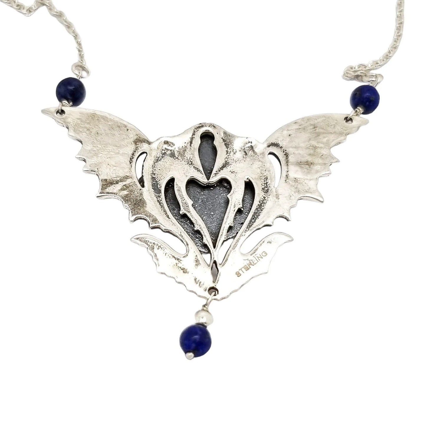 Art Nouveau sterling silver maiden’s face winged pendant necklace, lapis lazuli beads