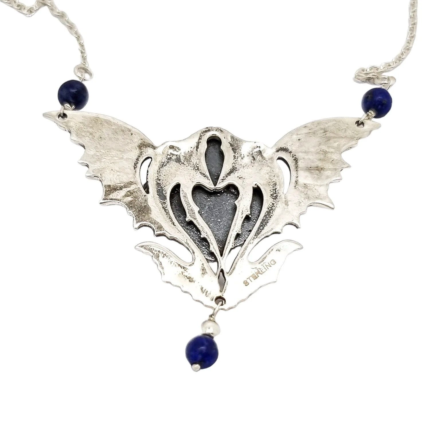 Art Nouveau sterling silver maiden’s face winged pendant necklace, lapis lazuli beads