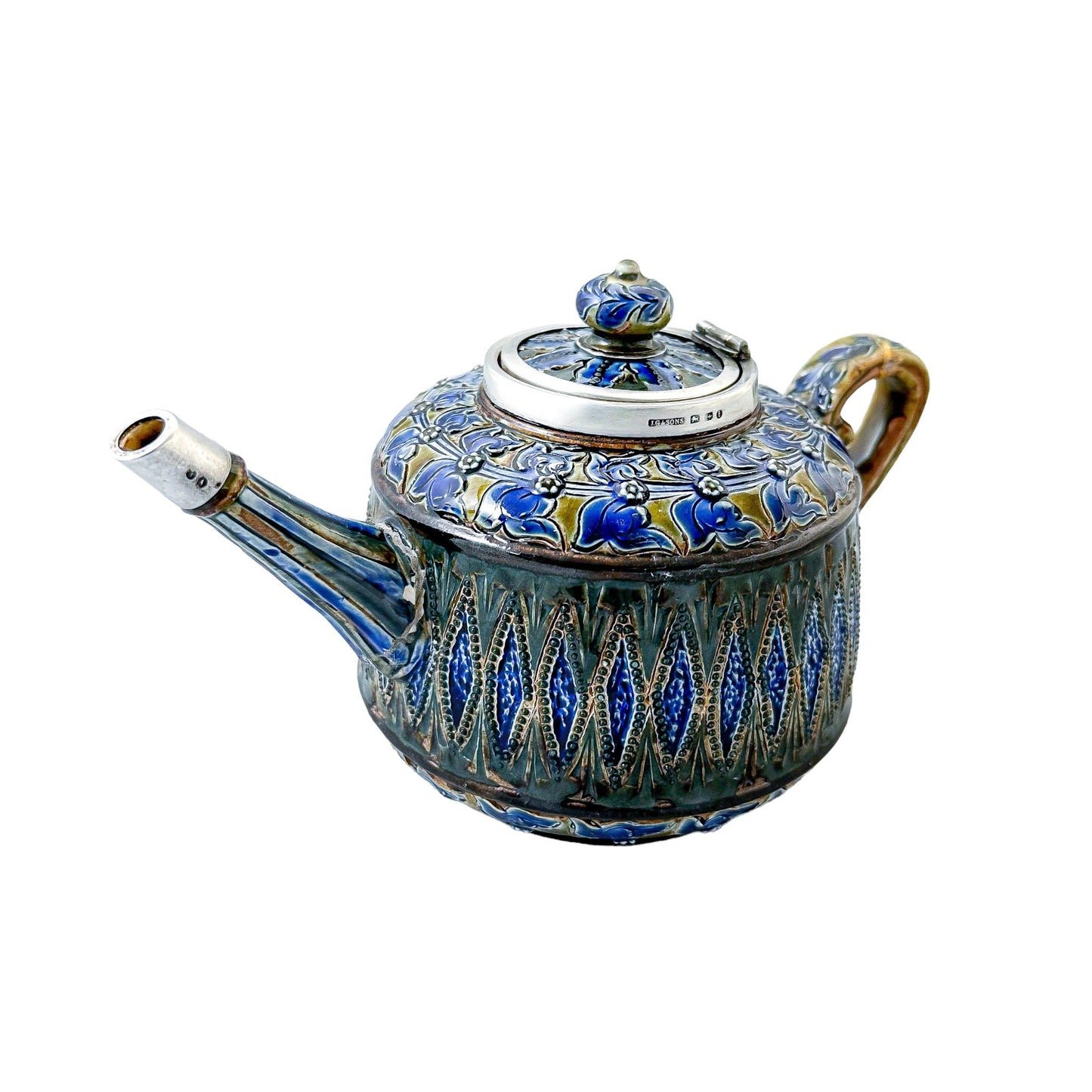 Rare Doulton Lambeth Aesthetic Movement stoneware teapot with sterling silver mounts, Birmingham 1880