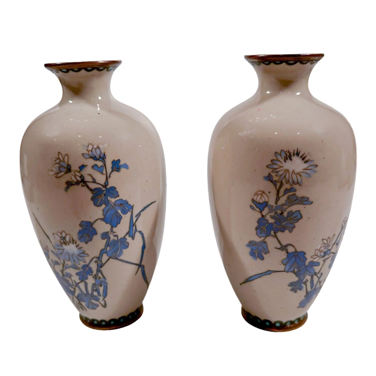 Pair of Meiji era Japanese cloisonné vases, blue chrysanthemum on grey