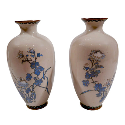 Pair of Meiji era Japanese cloisonné vases, blue chrysanthemum on grey