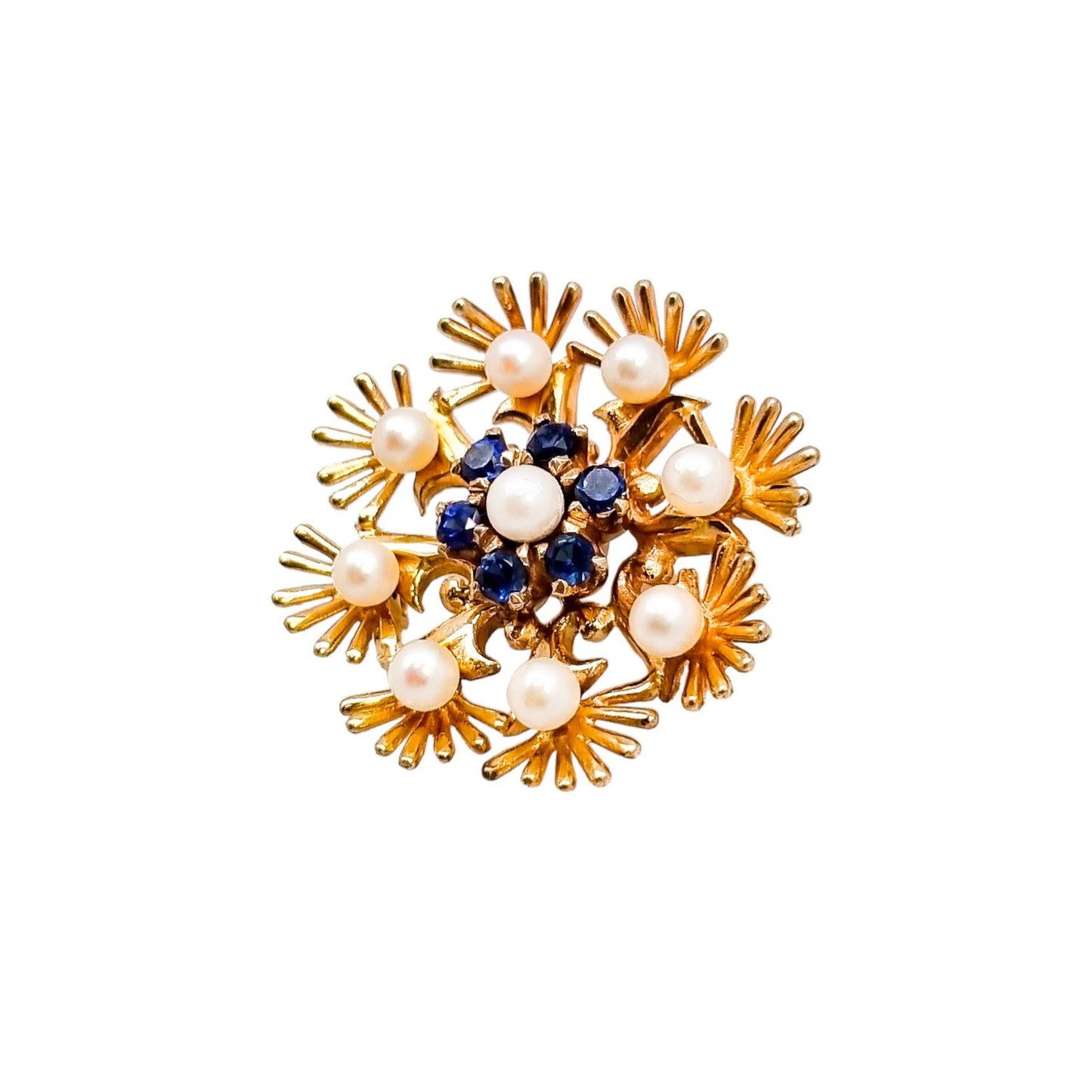 Cropp & Farr 1960’s floral cluster 9ct gold brooch set with sapphires and pearls