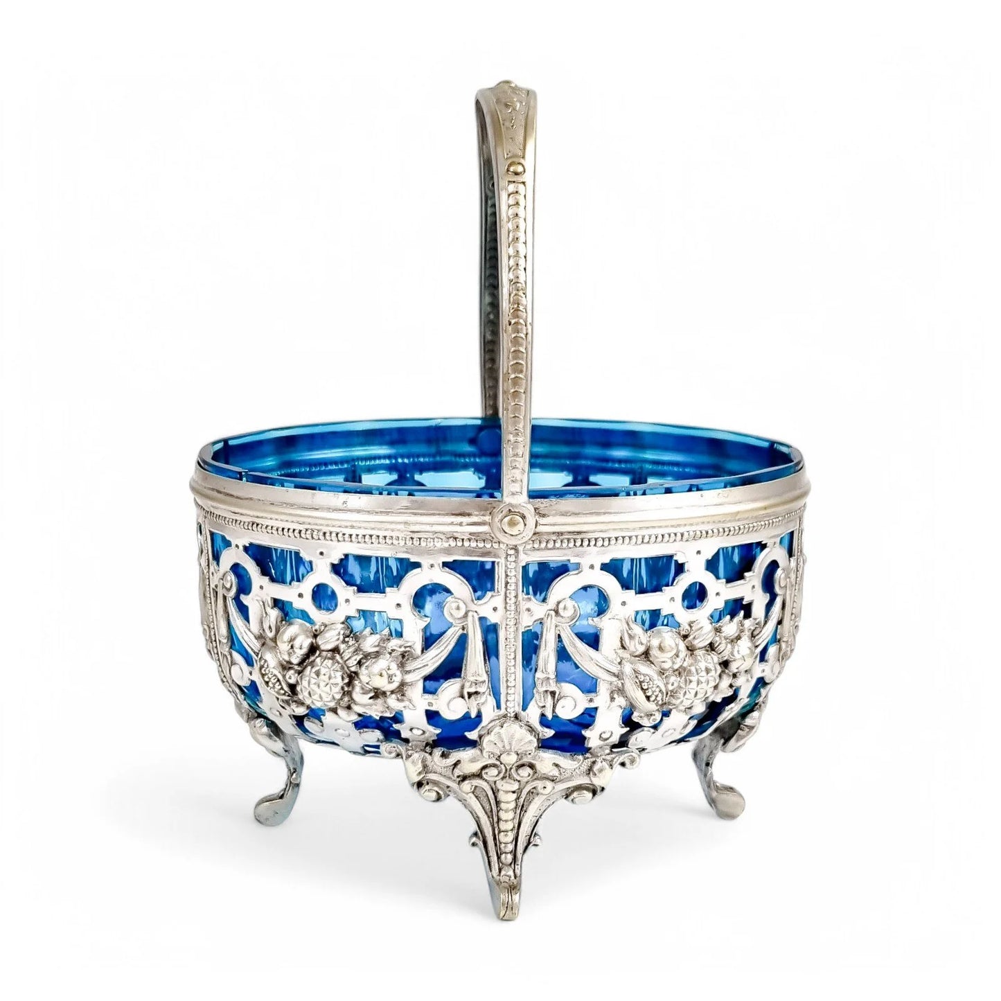 Antique silver-plated basket with sapphire blue glass, Roman Plewkiewicz, Louis XVI style, circa 1900