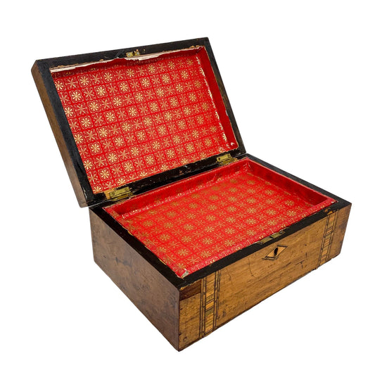 Victorian Tunbridge Ware workbox with lift out lid; inlaid with two vertical geometric bands