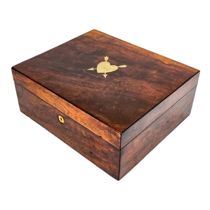 Romantic Victorian rosewood sewing / jewellery storage box with heart cartouche