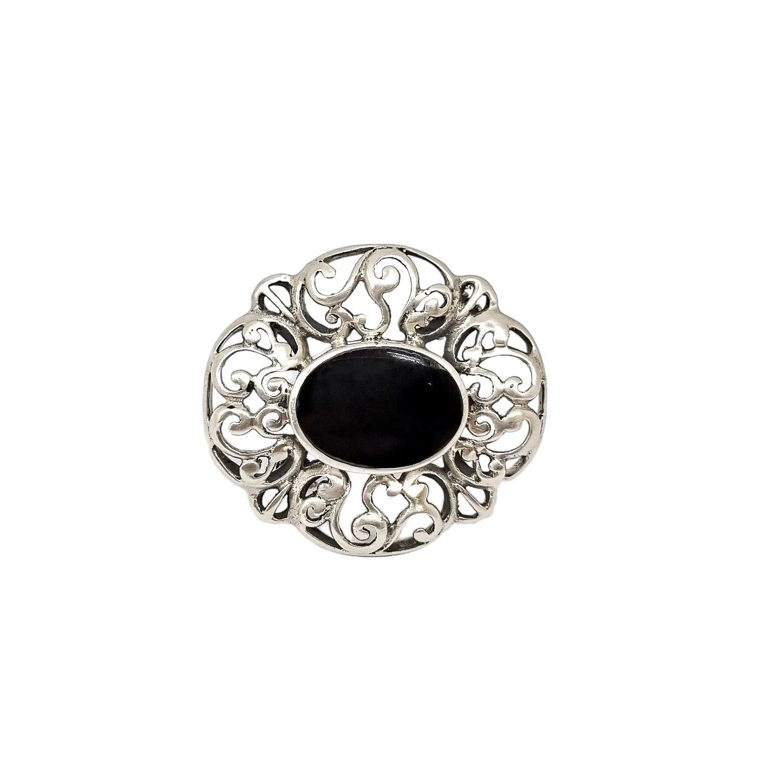 Art Deco sterling silver onyx openwork scrolling brooch