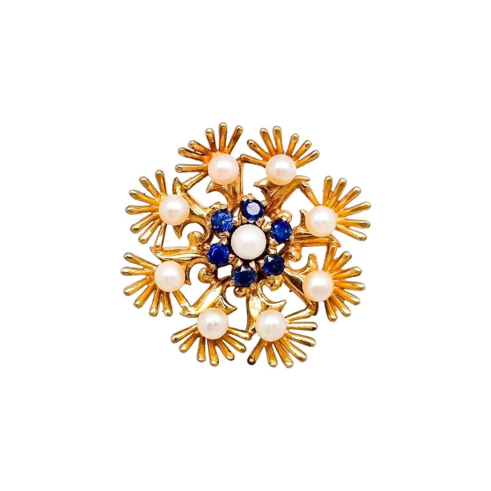 Cropp & Farr 1960’s floral cluster 9ct gold brooch set with sapphires and pearls