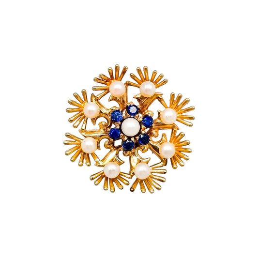 Cropp & Farr 1960’s floral cluster 9ct gold brooch set with sapphires and pearls
