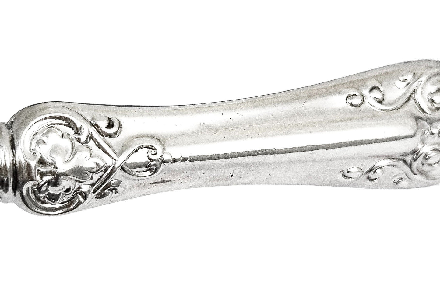 Cased Victorian sterling silver fish serving set with putto, lilies and dolphins, 1858