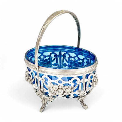 Antique silver-plated basket with sapphire blue glass, Roman Plewkiewicz, Louis XVI style, circa 1900