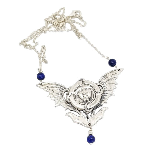 Art Nouveau sterling silver maiden’s face winged pendant necklace, lapis lazuli beads