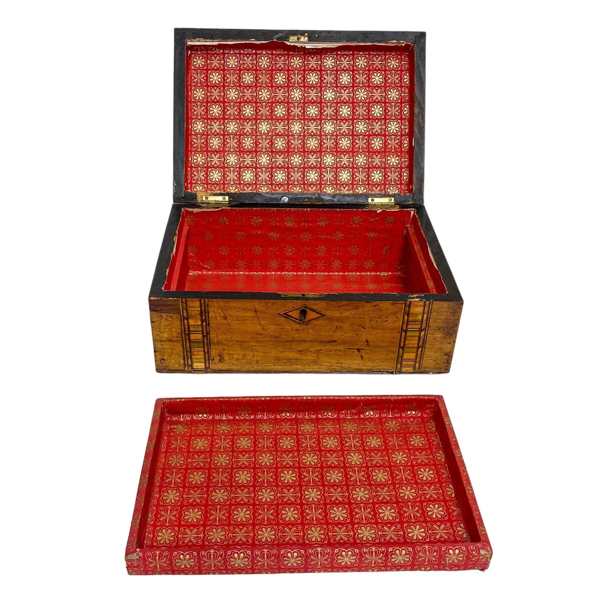 Victorian Tunbridge Ware workbox with lift out lid; inlaid with two vertical geometric bands